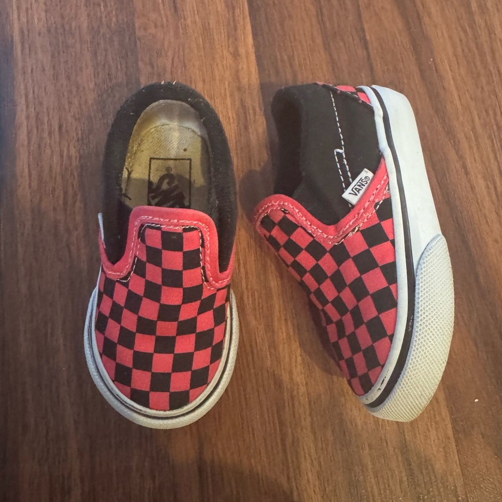 Vans Kids Pink and Black Checkered Slip-On Shoes